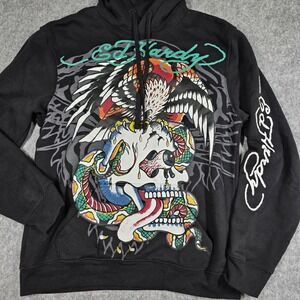 Ed Hardy Sweatshirt Battle Skull Tattoo Eagle Snake Hoodie Small Double Side Y2K